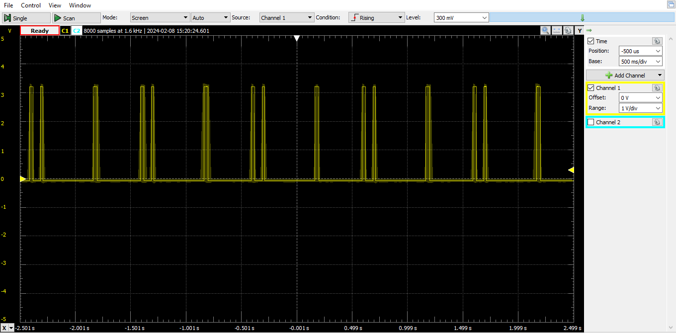 TLE8888 CRANK output when simulated cam sensor waveform is connected to VR+ pin 45, as far as I can tell this confirms everything on the microrusEFI side is functional.